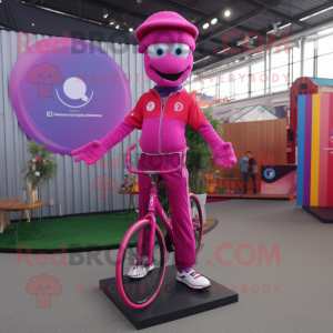 Magenta Unicyclist mascot costume character dressed with a Henley Shirt and Necklaces