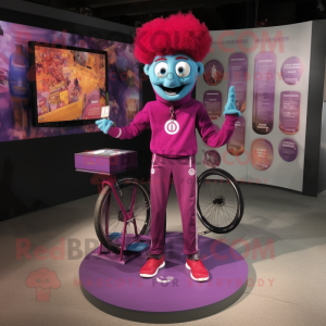 Magenta Unicyclist mascot costume character dressed with a Henley Shirt and Necklaces