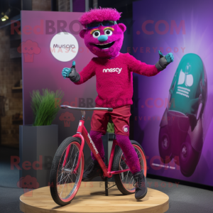 Magenta Unicyclist mascot costume character dressed with a Henley Shirt and Necklaces