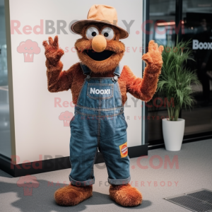 Rust Jambalaya mascot costume character dressed with a Dungarees and Hats