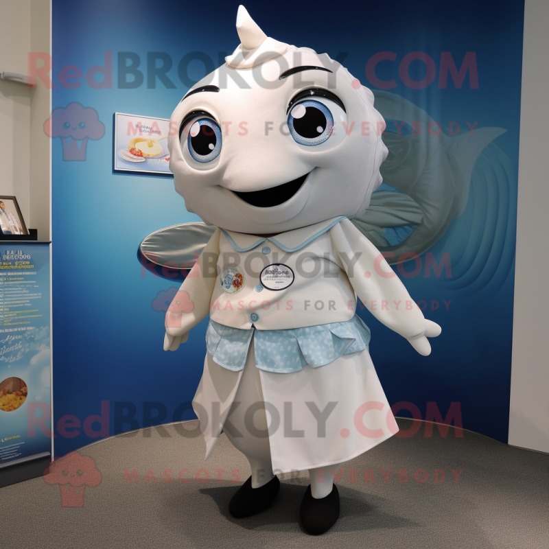 White Tuna mascot costume character dressed with a Dress and Brooches