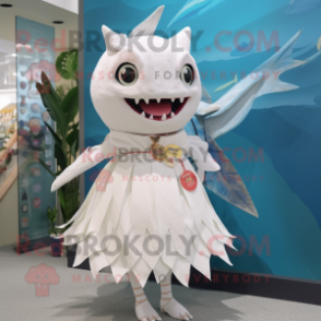 White Tuna mascot costume character dressed with a Dress and Brooches