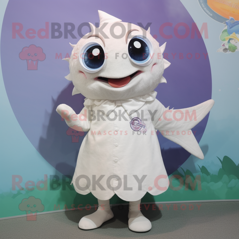 White Tuna mascot costume character dressed with a Dress and Brooches White Tuna mascot costume character dressed with a Dress and Brooches