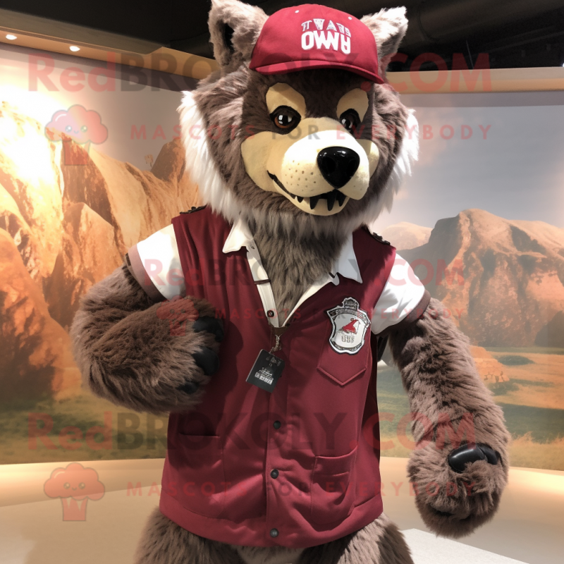 Maroon Say Wolf mascot costume character dressed with a Rugby Shirt and Hat pins