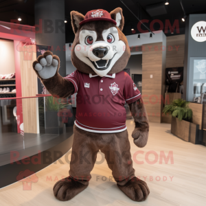 Maroon Say Wolf mascot costume character dressed with a Rugby Shirt and Hat pins