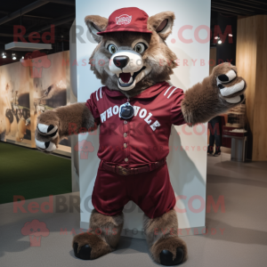 Maroon Say Wolf mascot costume character dressed with a Rugby Shirt and Hat pins