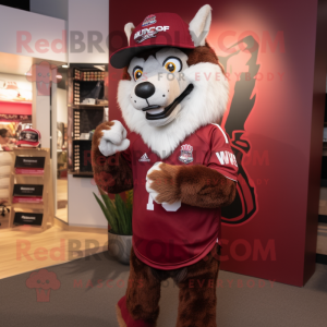 Maroon Say Wolf mascot costume character dressed with a Rugby Shirt and Hat pins