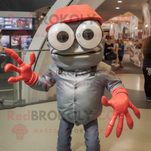 Silver Lobster mascot costume character dressed with a Skinny Jeans and Eyeglasses