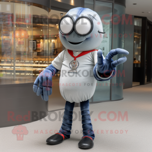 Silver Lobster mascot costume character dressed with a Skinny Jeans and Eyeglasses