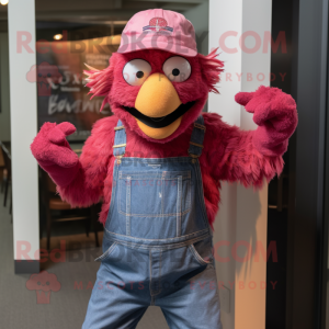 Magenta Fried Chicken mascot costume character dressed with a Denim Shirt and Hats