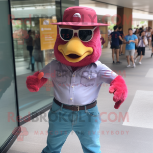Magenta Fried Chicken mascot costume character dressed with a Denim Shirt and Hats