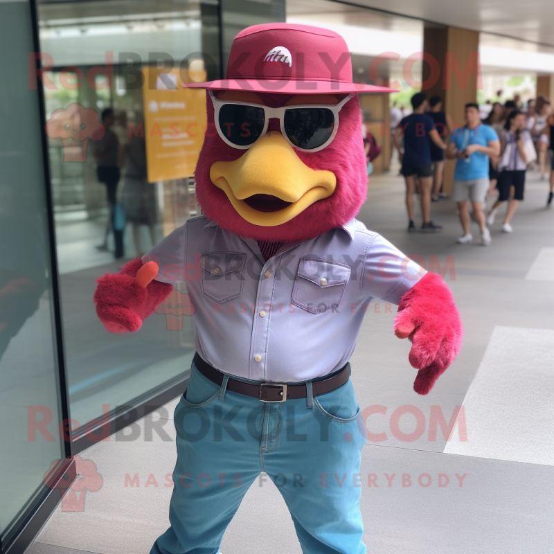 Magenta Fried Chicken mascot costume character dressed with a Denim Shirt and Hats Magenta Fried Chicken mascot costume character dressed with a Denim Shirt and Hats