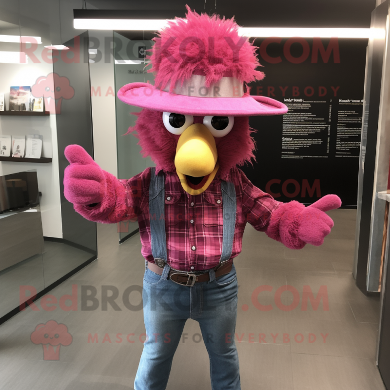 Magenta Fried Chicken mascot costume character dressed with a Denim Shirt and Hats Magenta Fried Chicken mascot costume character dressed with a Denim Shirt and Hats