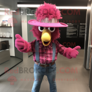 Magenta Fried Chicken mascot costume character dressed with a Denim Shirt and Hats