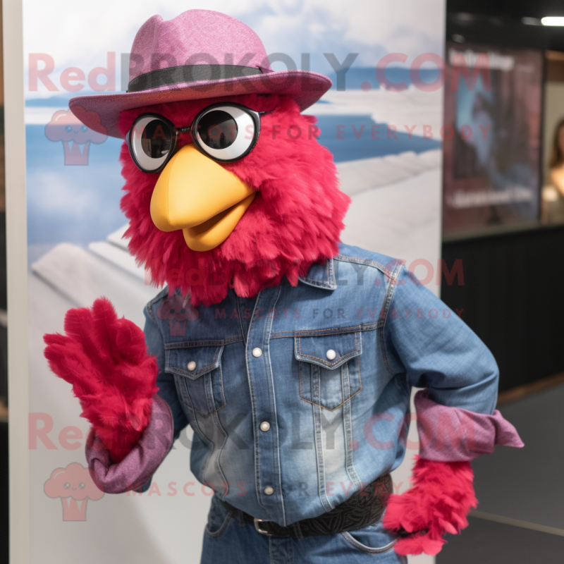 Magenta Fried Chicken mascot costume character dressed with a Denim Shirt and Hats Magenta Fried Chicken mascot costume character dressed with a Denim Shirt and Hats