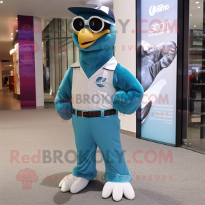 Teal Falcon mascot costume character dressed with a T-Shirt and Pocket squares