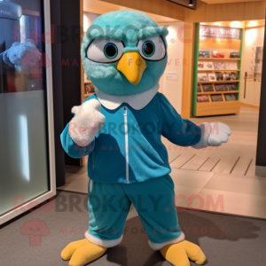 Teal Falcon mascot costume character dressed with a T-Shirt and Pocket squares