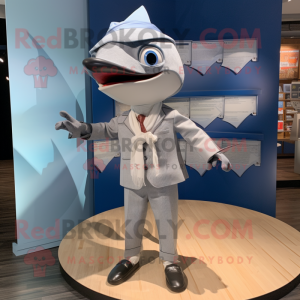 Silver Swordfish mascot costume character dressed with a Shift Dress and Pocket squares