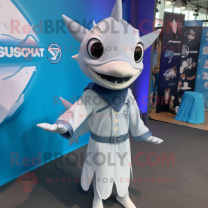 Silver Swordfish mascot costume character dressed with a Shift Dress and Pocket squares