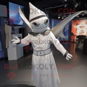 Silver Swordfish mascot costume character dressed with a Shift Dress and Pocket squares