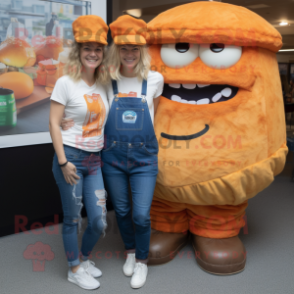 Orange Pulled Pork Sandwich mascot costume character dressed with a Mom Jeans and Cummerbunds