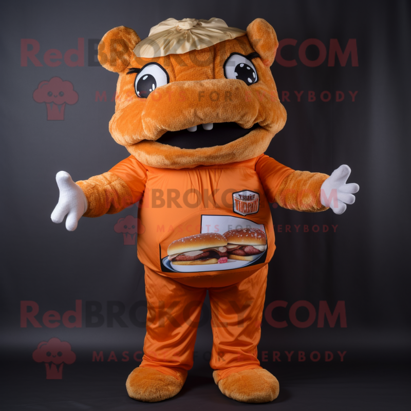 Orange Pulled Pork Sandwich mascot costume character dressed with a Mom Jeans and Cummerbunds