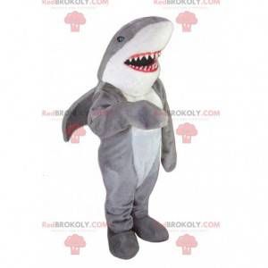 Mascot tiburón gris y blanco con dientes grandes -