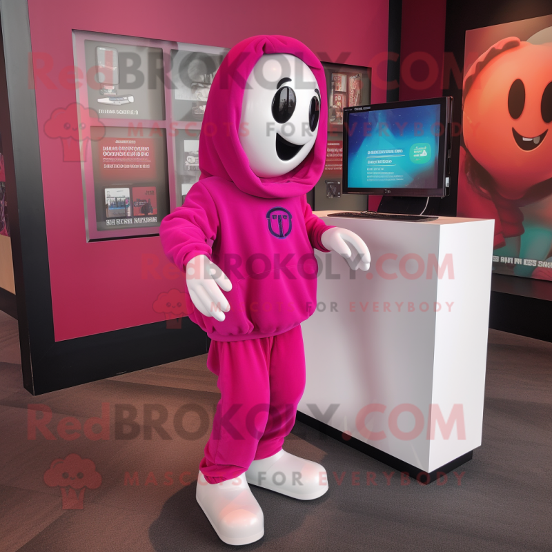Magenta Ghost mascot costume character dressed with a Chinos and Shoe laces Magenta Ghost mascot costume character dressed with a Chinos and Shoe laces