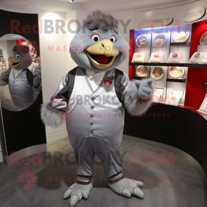 Silver Hens mascot costume character dressed with a Suit Pants and Coin purses Silver Hens mascot costume character dressed with a Suit Pants and Coin purses
