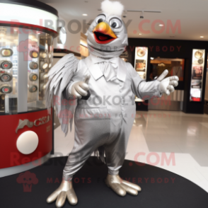 Silver Hens mascot costume character dressed with a Suit Pants and Coin purses