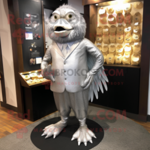 Silver Hens mascot costume character dressed with a Suit Pants and Coin purses