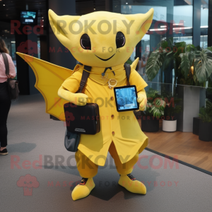Yellow Manta Ray mascot costume character dressed with a Waistcoat and Wallets