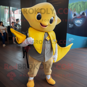 Yellow Manta Ray mascot costume character dressed with a Waistcoat and Wallets