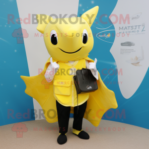 Yellow Manta Ray mascot costume character dressed with a Waistcoat and Wallets