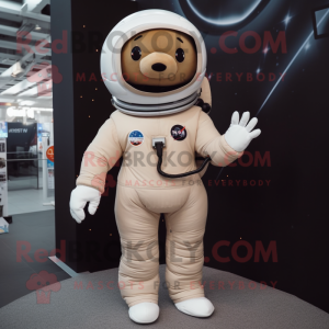 Beige Astronaut mascot costume character dressed with a Suit Pants and Mittens
