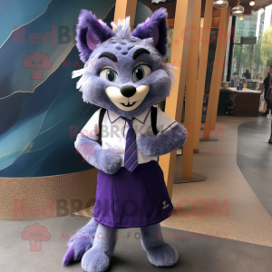 Purple Lynx mascot costume character dressed with a Pencil Skirt and Tie pins