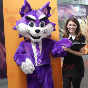 Purple Lynx mascot costume character dressed with a Pencil Skirt and Tie pins