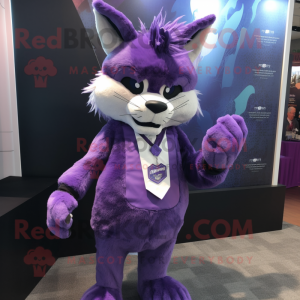 Purple Lynx mascot costume character dressed with a Pencil Skirt and Tie pins