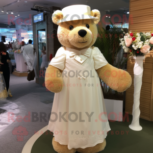 Tan Bear mascot costume character dressed with a Wedding Dress and Caps