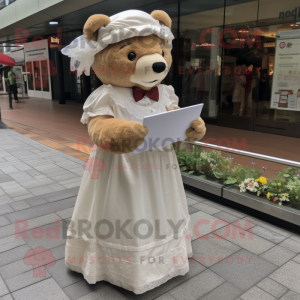 Tan Bear mascot costume character dressed with a Wedding Dress and Caps