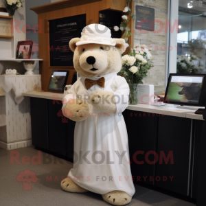 Tan Bear mascot costume character dressed with a Wedding Dress and Caps