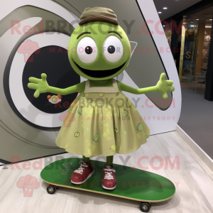 Olive Skateboard mascot costume character dressed with a Circle Skirt and Hairpins