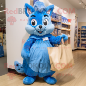 Blue Squirrel mascot costume character dressed with a Dress and Tote bags