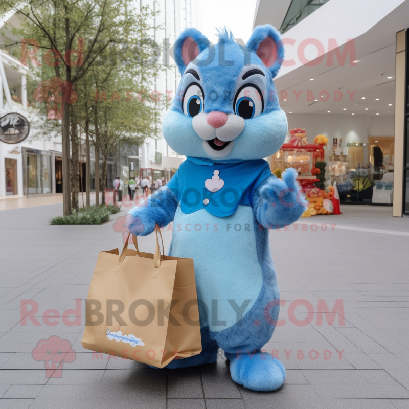 Blue Squirrel mascot costume character dressed with a Dress and Tote bags