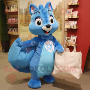Blue Squirrel mascot costume character dressed with a Dress and Tote bags