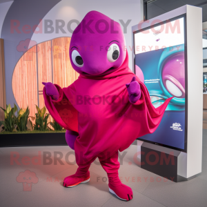 Magenta Stingray mascot costume character dressed with a Joggers and Scarves