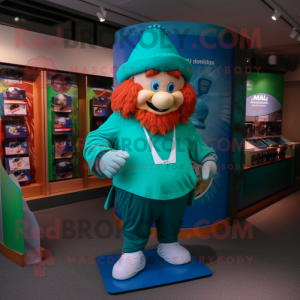 Teal Leprechaun mascot costume character dressed with a Running Shorts and Shawl pins