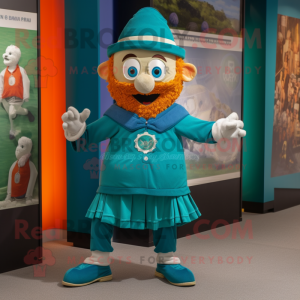 Teal Leprechaun mascot costume character dressed with a Running Shorts and Shawl pins