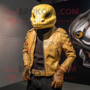 Gold Anaconda mascot costume character dressed with a Moto Jacket and Cummerbunds