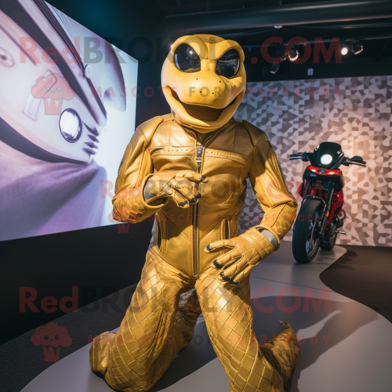 Gold Anaconda mascot costume character dressed with a Moto Jacket and Cummerbunds